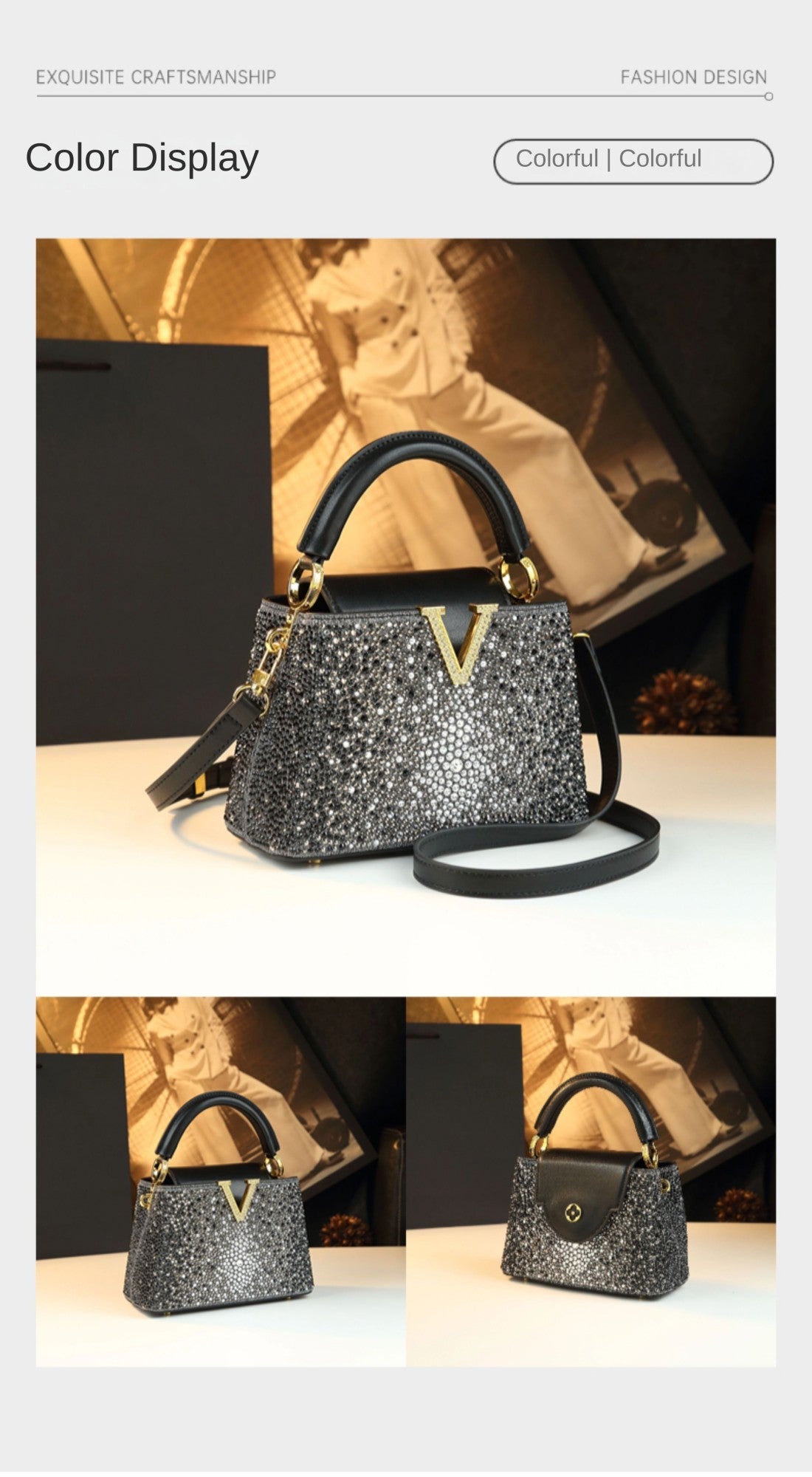 Luxury Fashion Diamonds Women's Handbags 2025 New V Letter Small Shoulder Crossbody Bag Genuine Leather Messenger Shell Bags