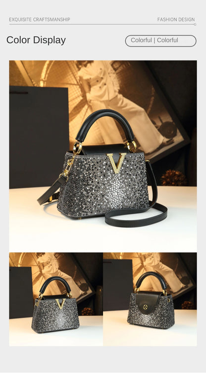 Luxury Fashion Diamonds Women's Handbags 2025 New V Letter Small Shoulder Crossbody Bag Genuine Leather Messenger Shell Bags