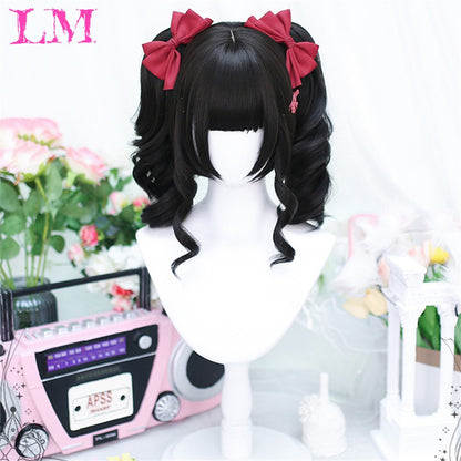 LM Medium Length Pink Cosplay Wig Heat Resistant Costume Party Synthetic Wigs 2 Clip On Ponytail 7 Colors