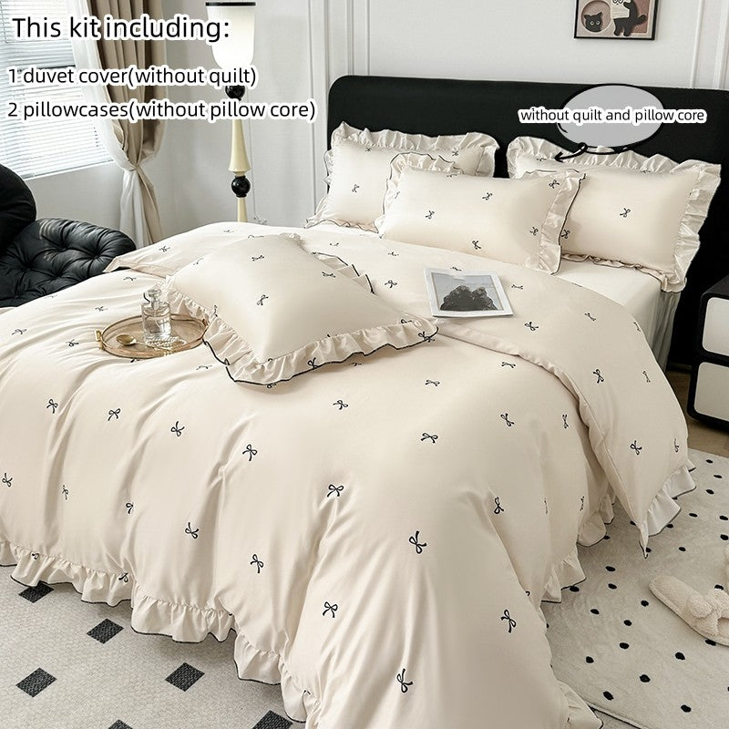 Conjunto de capa de edredom coreana de renda 3 peças (1*Capa de Edredom + 2*Fronhas, Sem enchimento), Conjunto de cama com estampa de bolinhas pretas