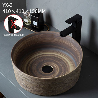 Cuba de Cerâmica Marrom para Lavatório de Banheiro Oval Artística para Mesa de Banheiro, Bacia de Lavar Roupa para Varanda, Bacia de Pedestal Acima do Balcão