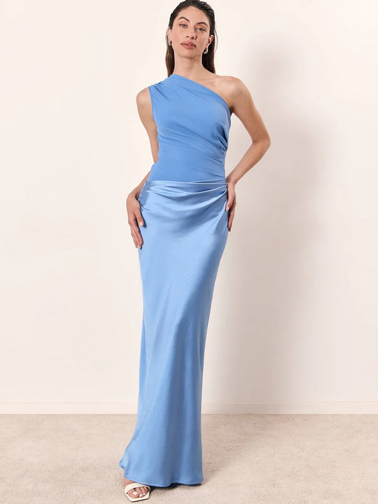 JULISSA MO Patchwork Satin Sexy One Shoulder Women Maxi Dress Brown Sleeveless E
