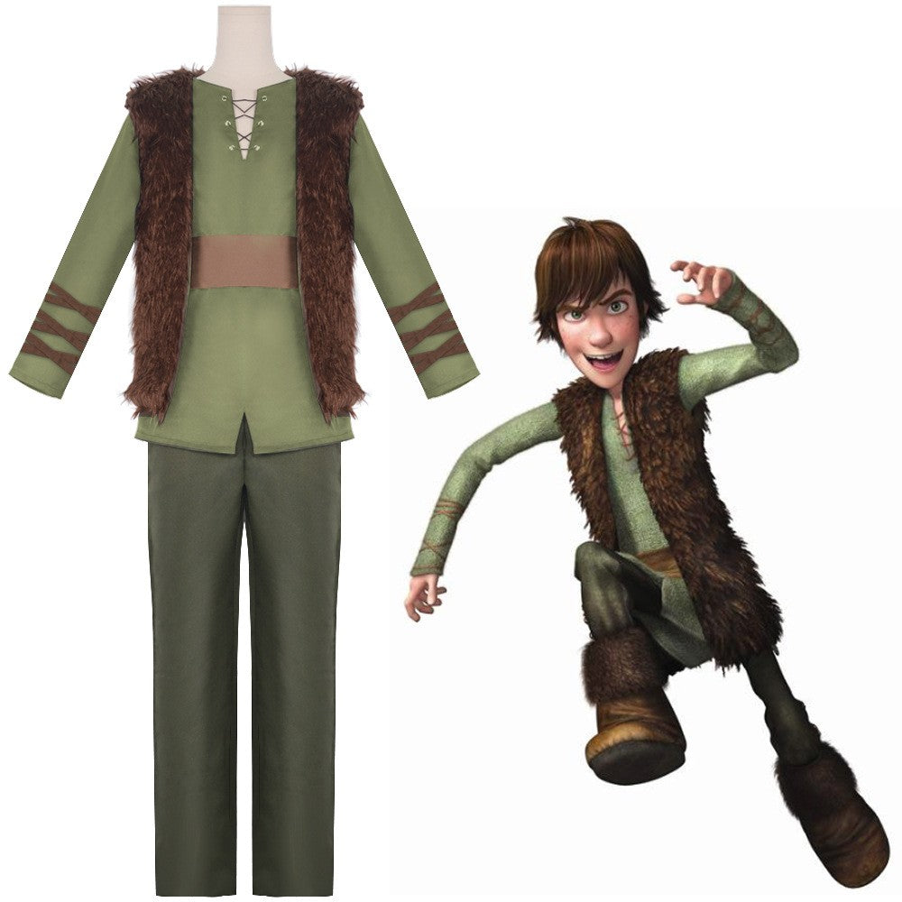 Anime Dragon Hiccup Cosplay Costume Green T Shirt Pant Brown Vest  Set Halloween Fancy Dress for Man