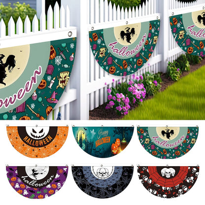 Halloween Fan Flag Spooky Halloween Bunting Flag Set for Outdoor Yard Decor Skull Ghost Pumpkin Banner for Porch Fence Kitchen