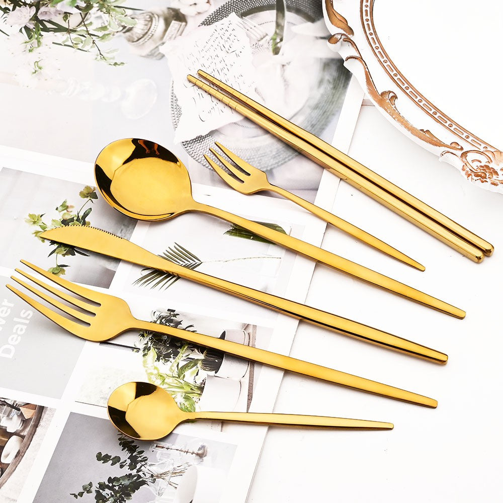 18Pcs Black Gold Dinnerware Dinner Spoons Chopsticks Cutlery Set Stainless Steel Tableware Sets Kitchen Home Silverware Set