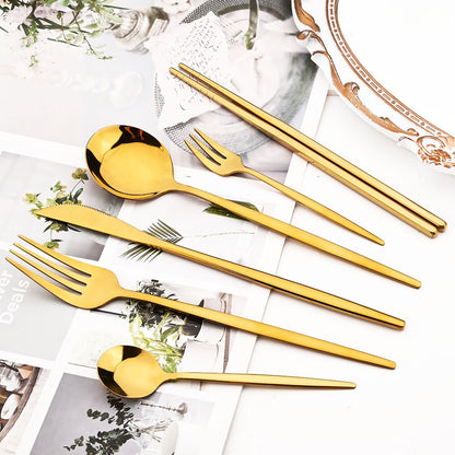 18Pcs Black Gold Dinnerware Dinner Spoons Chopsticks Cutlery Set Stainless Steel Tableware Sets Kitchen Home Silverware Set