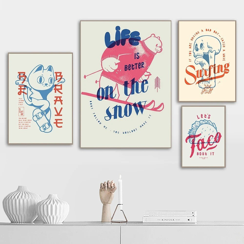 Be Brave Skater Cat Wall Art Winter Surfing Canvas Painting Posters Prints Cartoon Wall Kids Room Playroom Decor