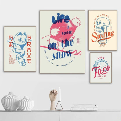 Be Brave Skater Cat Wall Art Winter Surfing Canvas Painting Posters Prints Cartoon Wall Kids Room Playroom Decor