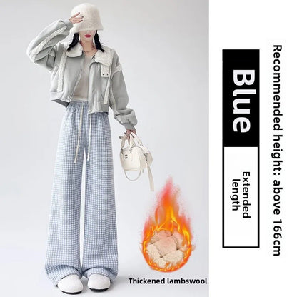 High Waist Wide Leg Pants Women's Autumn Winter New Style Lazy Casual Fleece Woolen Plaid Trousers Fashionable Comfortable