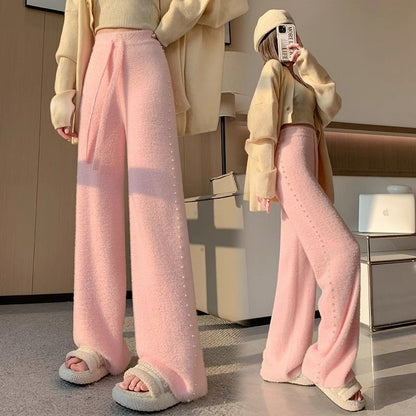 Pink Mink Fur Nail Bead Knitted Wide Leg Pants for Women in Autumn and Winter Lazy and Relaxed Casual Straight Leg Long Pants