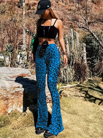 New High Waist Leopard Print Flare Pants Women's Stretchy Casual Streetwear Tummy Control Bootcut Trousers Elastic Waistband