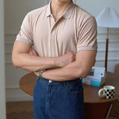 New Vertical Stripe Knit Polo Men's Shirts Summer Slim Solid Color Breathable Turn-Down Collar Business Short Sleeve Polo Tops