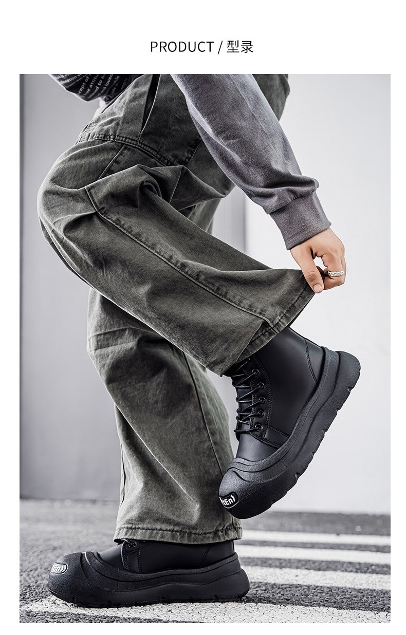 Large-size Autumn High-top Versatile Black Shoes, Men's Outdoor Anti-slip and Wear-resistant Casual Leather Boots