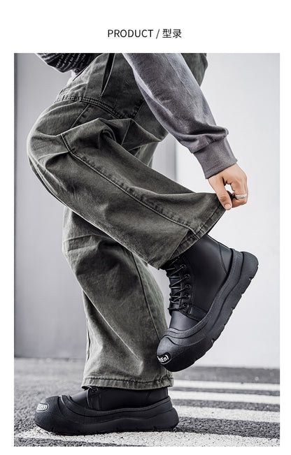 Large-size Autumn High-top Versatile Black Shoes, Men's Outdoor Anti-slip and Wear-resistant Casual Leather Boots