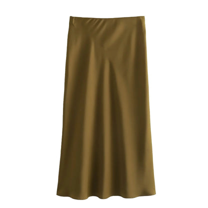 XNWMNZ Women's Fashion 2023 Flowing Satin Midi Skirt Women Vintage Elastic High