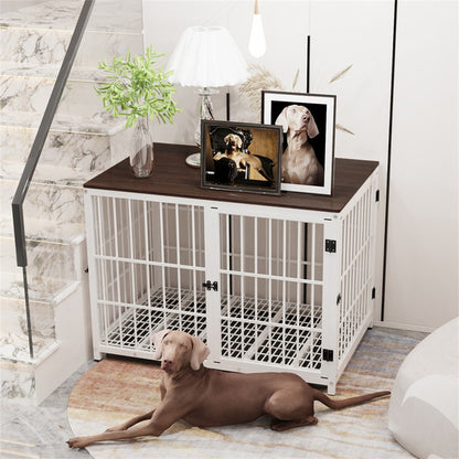 Caixa de Madeira Grande para Cães, Estilo Móvel Interno, Gaiola Elevada para Cães de Estimação, Canil, Mesa de Apoio, Cercado com Treliça, 3 Portas, Bandeja Removível