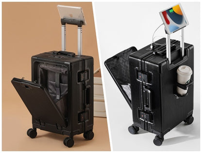 Mala de Viagem com Abertura Frontal, Estrutura de Liga de Alumínio, Trava, Plug USB para Carregamento, Rodas Giratórias e Alça Retrátil