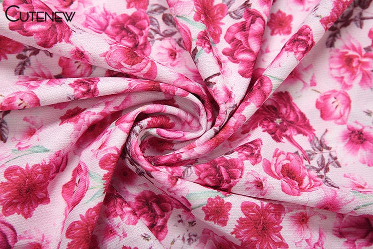 Cutenew Floral Print Women Midi Dresses Fashion Incline Shoulder Bandage Ruffle