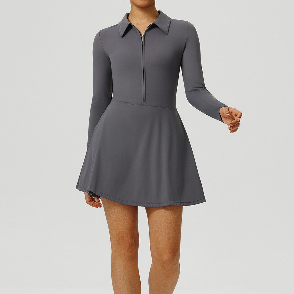 Yoga Long Sleeved Dress Women's Long Sleeved Zipper Skirt Breathable Gym Outdoor Running Yoga Tennis Skirt Quick-Dry Tracksuits.