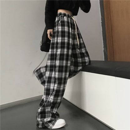 Women Black Plaid Wide Leg Pants Casual Hip Hop Elastic Waist Pockets Baggy Trousers Loose Vintage Y2K Sweatpants Streetwear
