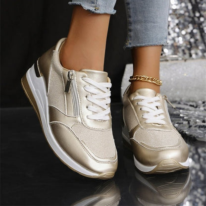 Fashion Thick Bottom Silver Sneakers Women 2025 Spring Wedge Heel Vulcanized Shoes Woman Comfortable Lace Up Sport Sneaker Mujer
