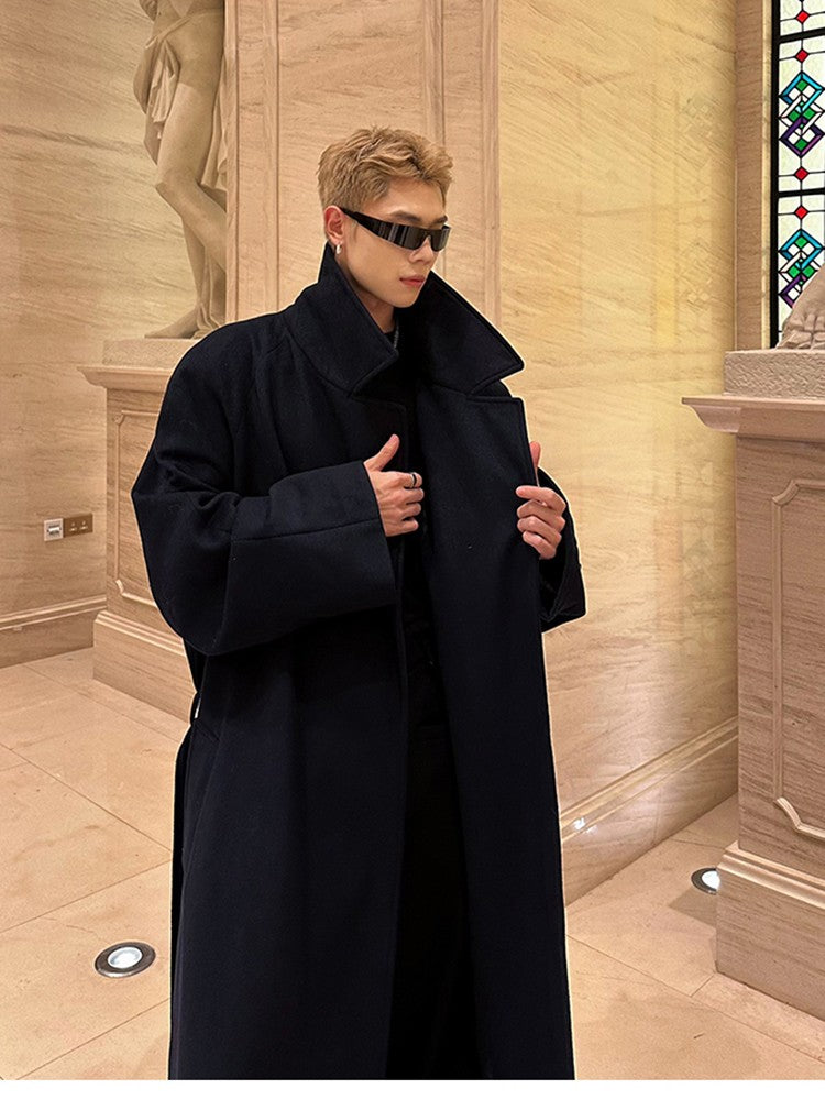 Mauroicardi Autumn Winter Oversized Extra Long Warm Navy Blue Wool Blends Coat Men Loose Luxury Designer Woolen Overcoat 2024
