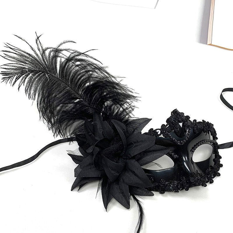 Feather Rhinestones Masquerade Mask Lace Women Flower Fashion Half Face Sexy Halloween Christmas Easter Cosplay Party Prom White