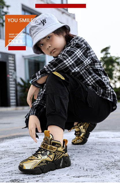 Winter Children's Fashion Sports Shoes Leather Boys' Running Sneakers Flat Casual Walking Shoes Warm Lightweight Outdoor Boots