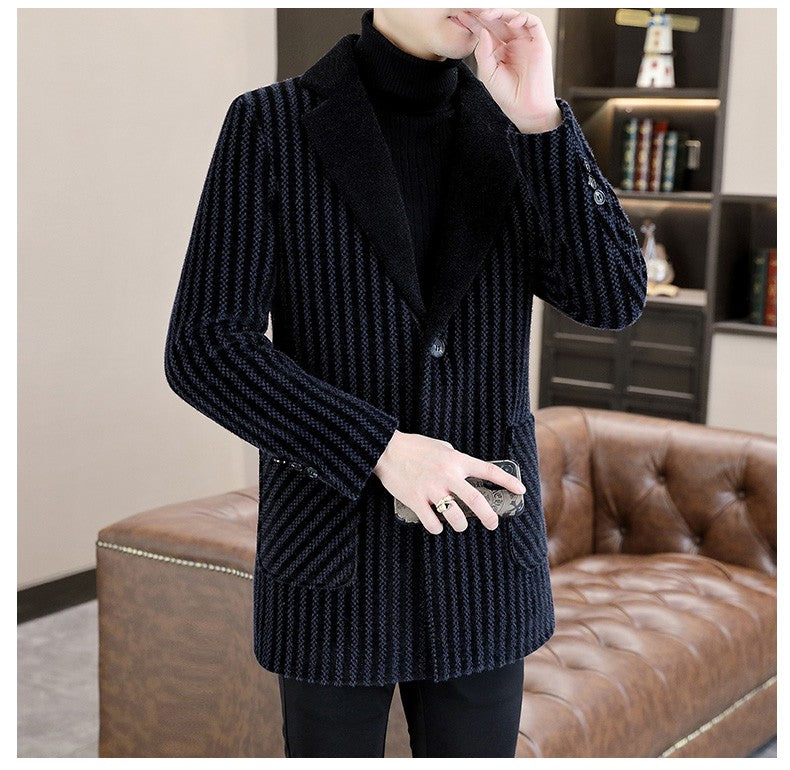 Classic Autumn Winter Men's Mid-Length Woolen Coats Casual Striped Overcoat Outwear Windbreaker Business Warm Long Jackets