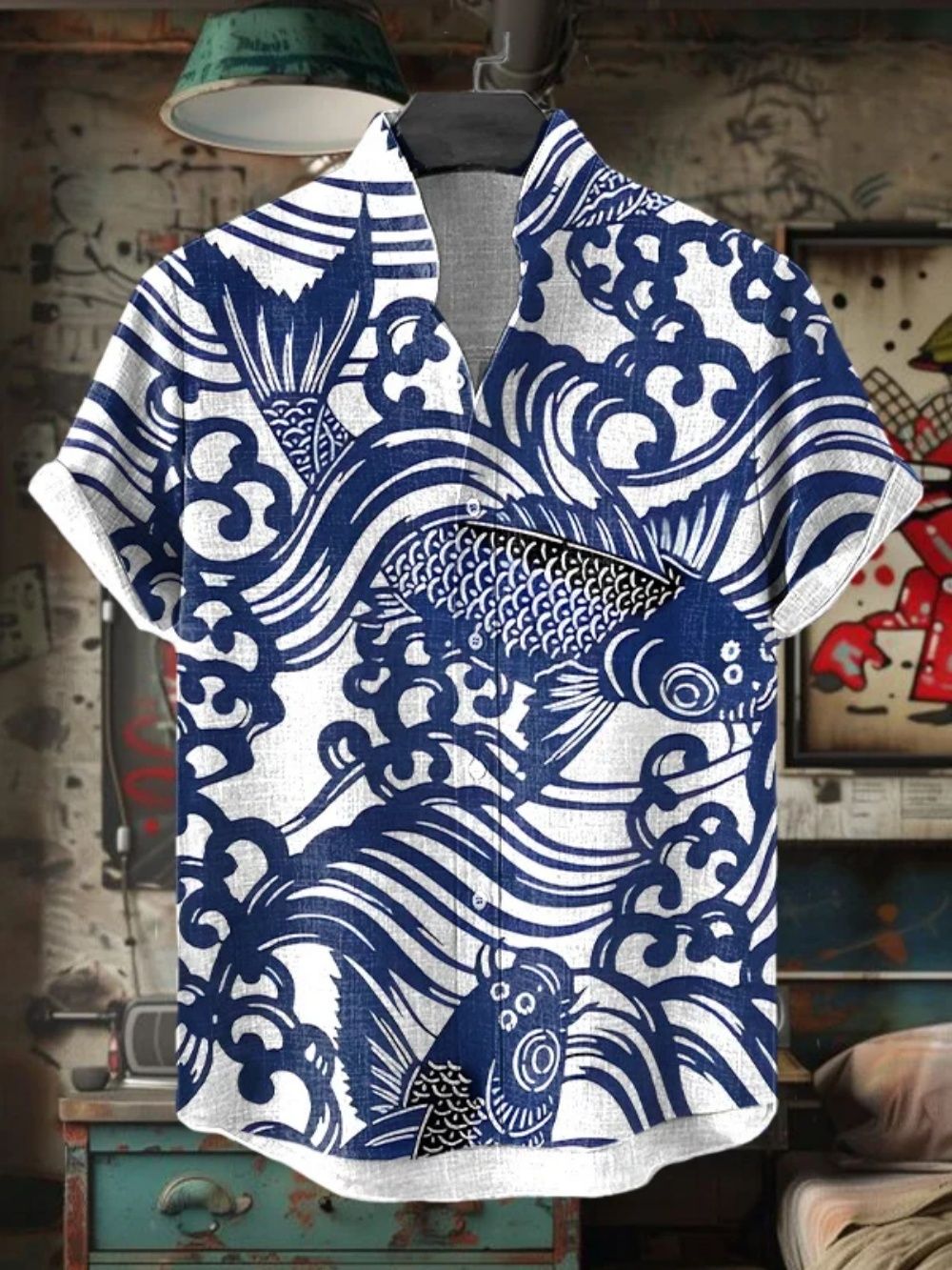 2025 new men's short sleeved shirt, Japanese art printed shirt, summer men's casual cardigan breathable bamboo and linen shirt