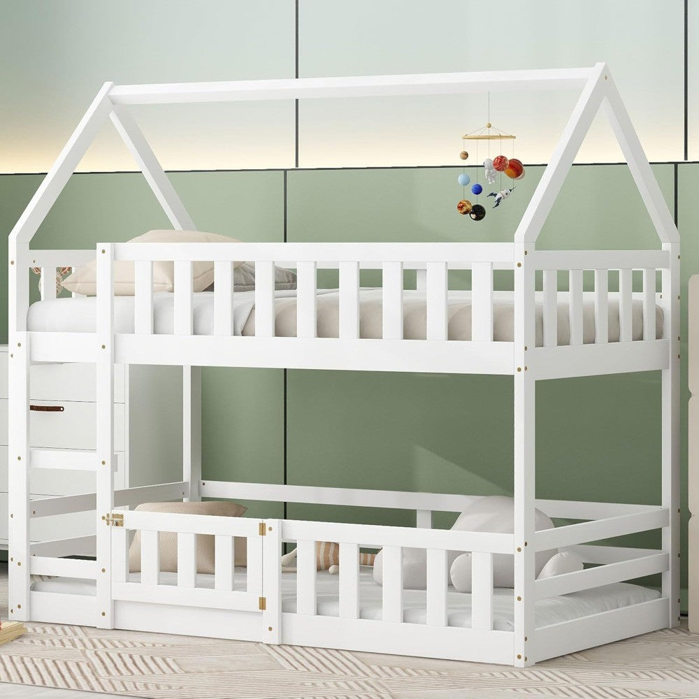 Estrutura de beliche dupla para crianças, meninos, meninas, adultos com cerca e porta, branco