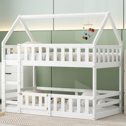 Estrutura de beliche dupla para crianças, meninos, meninas, adultos com cerca e porta, branco