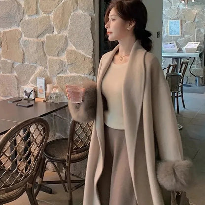 Korean Style Temperament Fur Collar Fashion Women's Coat Medium To Long Simple Casual Woolen Coat Slimming Versatile Woolen Coat