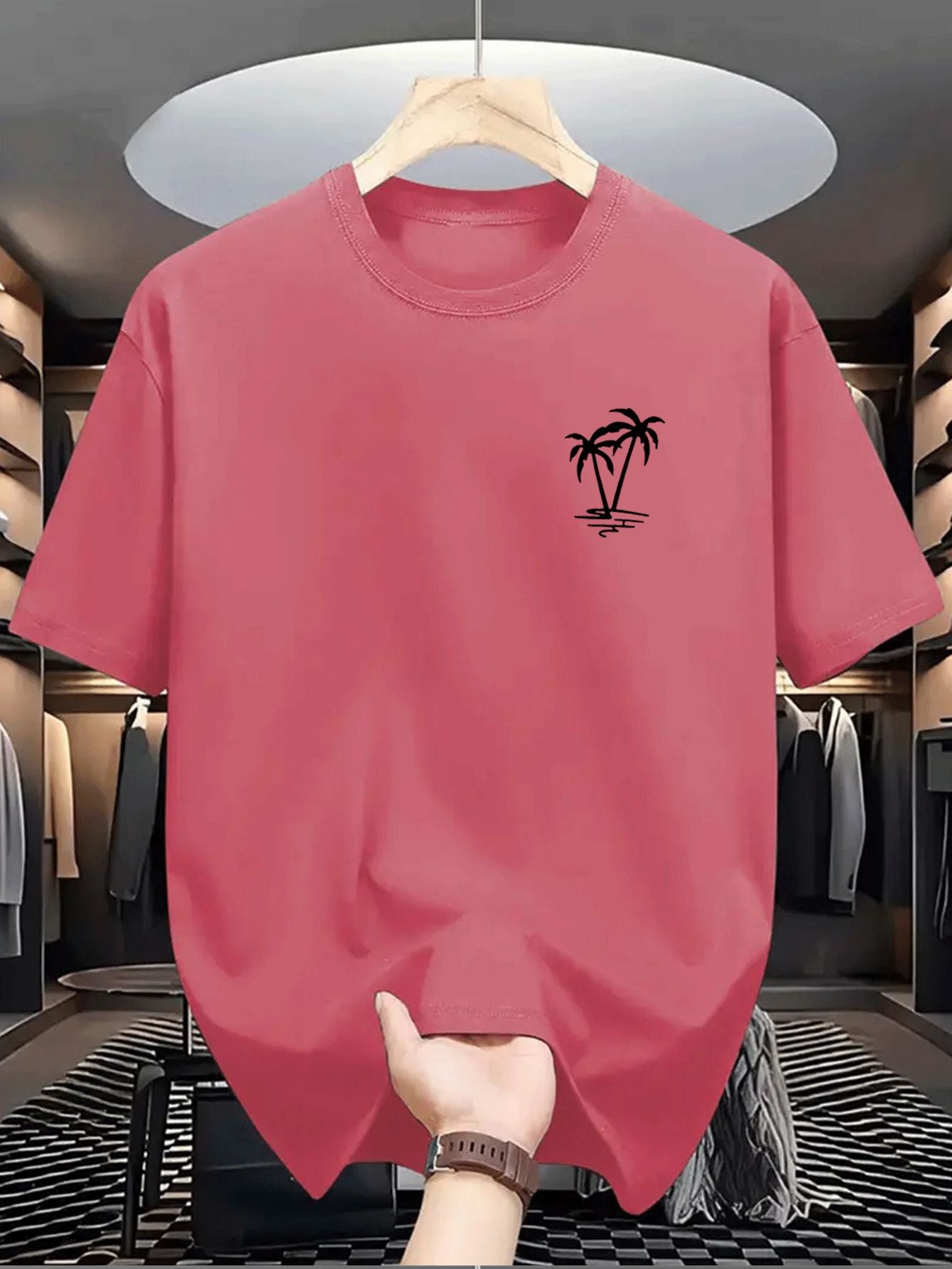 Men's summer 100% cotton fashionable casual loose coconut tree pattern printed sports round neck short sleeved T-shirt top