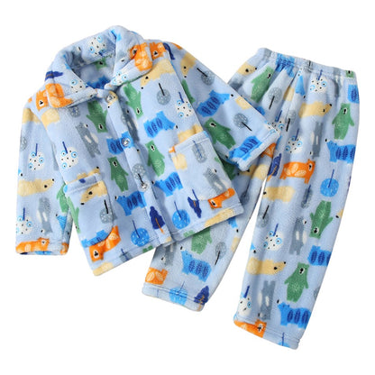 High Quality Coral Fleece Flannel Cute Cartoon Pattern Pajama Sets Boys and Girls Long Sleeve Warm Comfortable Winter Sleepwear