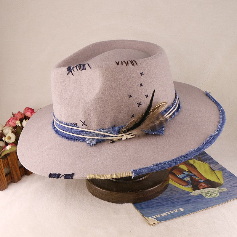 Western Style 100% Wool Fedora Hat | Braided Ribbon & Feather Trim Felted Jazz Cap for Autumn/Winter?