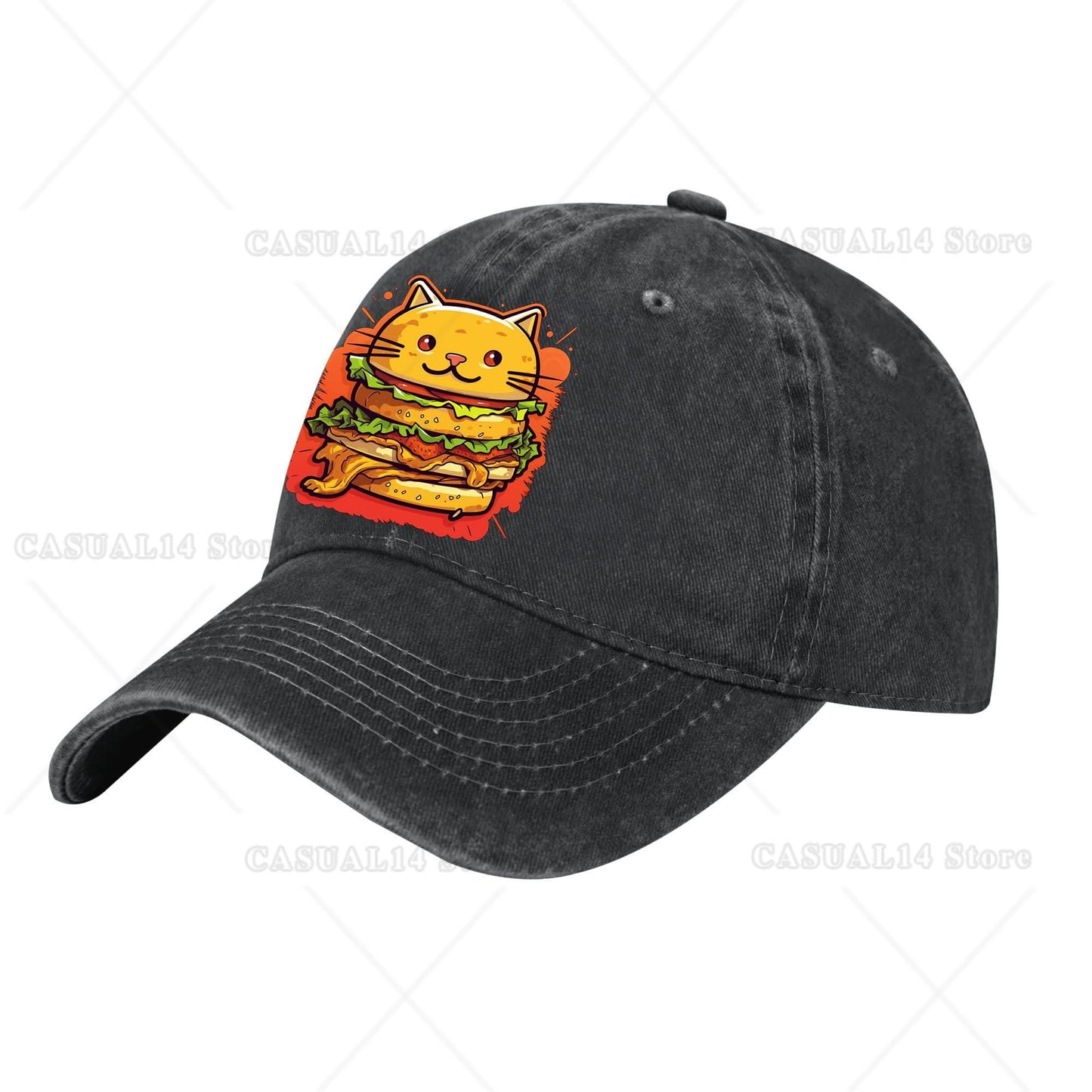 Cat Cheeseburger Vintage Washed Cotton Baseball Caps Men Women Adjustable Unstructured Dad Hat