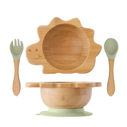 Baby Wooden Tableware Set Could Bamboo Wooden Plate Bowl Silicone Suction Wooden Handle Fork Spoon for Children Feeding Supplies
