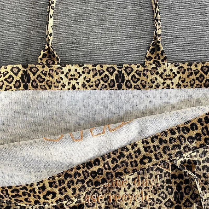 Korean Fashion Leopard Pattern Shoulder Bag Trendy Letter Embroidery Tote Bags Women Canvas Large Capacity Handbag Shopping Bags