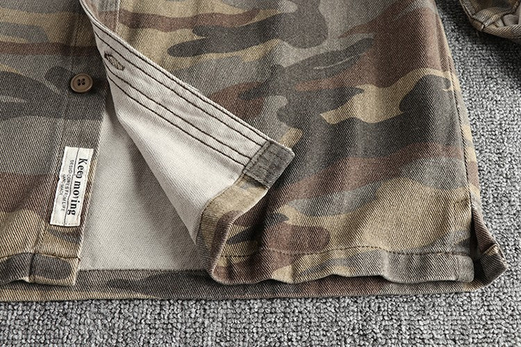 May Khaki wash vintage thick woven cotton cargo long sleeve shirt men's autumn and winter casual shirt coat