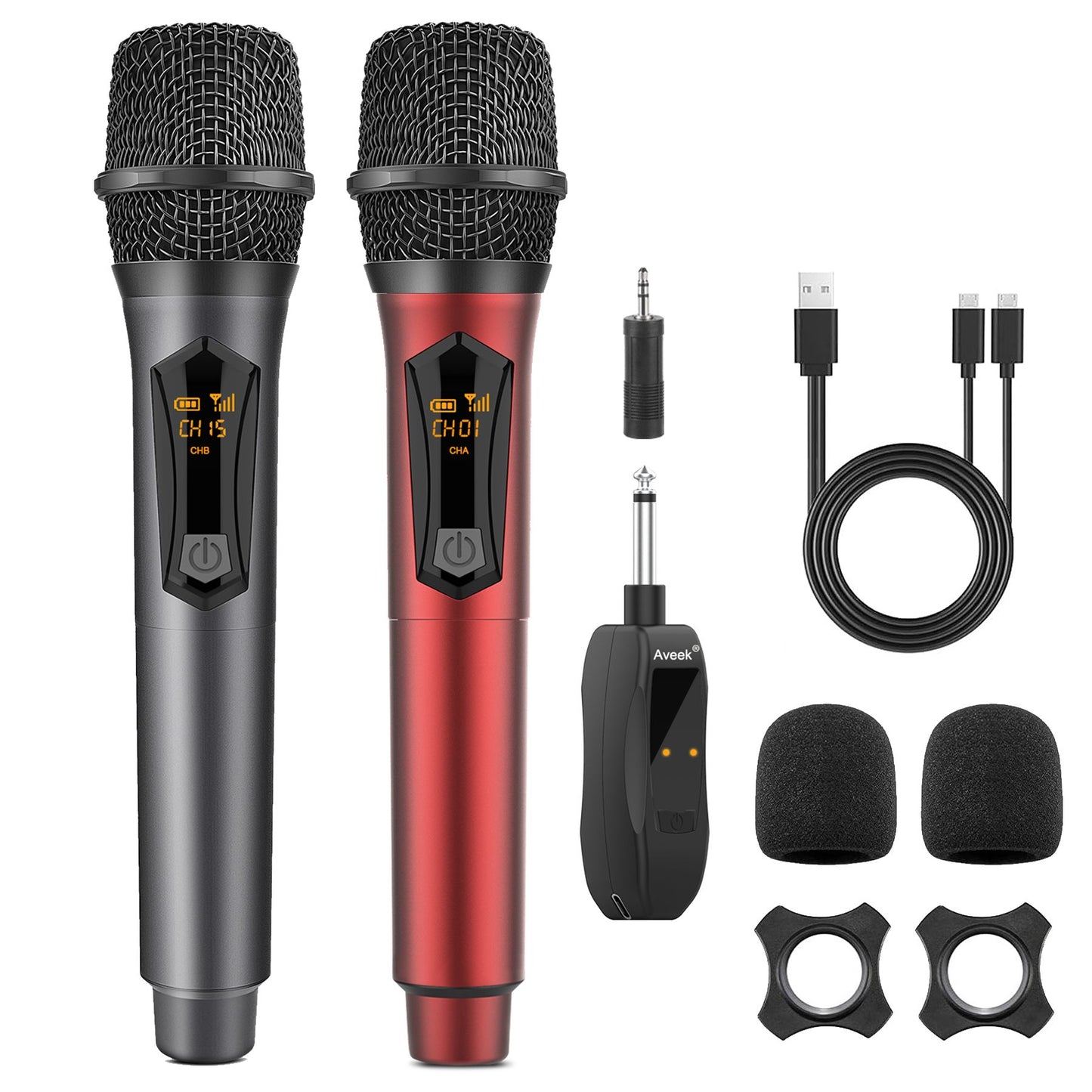 Microfone Sem Fio Aveek para Alto-falante e Máquina de Karaokê, Microfone de Karaokê Recarregável de 2.4GHz (Funciona por 10h), para Festas, 2 Pacotes