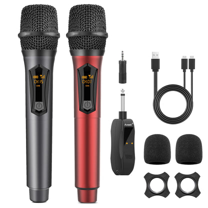 Microfone Sem Fio Aveek para Alto-falante e Máquina de Karaokê, Microfone de Karaokê Recarregável de 2.4GHz (Funciona por 10h), para Festas, 2 Pacotes