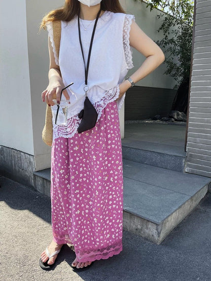 Ezgaga Skirts Women Elegant Floral Printed Lace Patchwork 2025 Summer Fashion Vintage Sweet Ladies Long Skirt Casual Chic