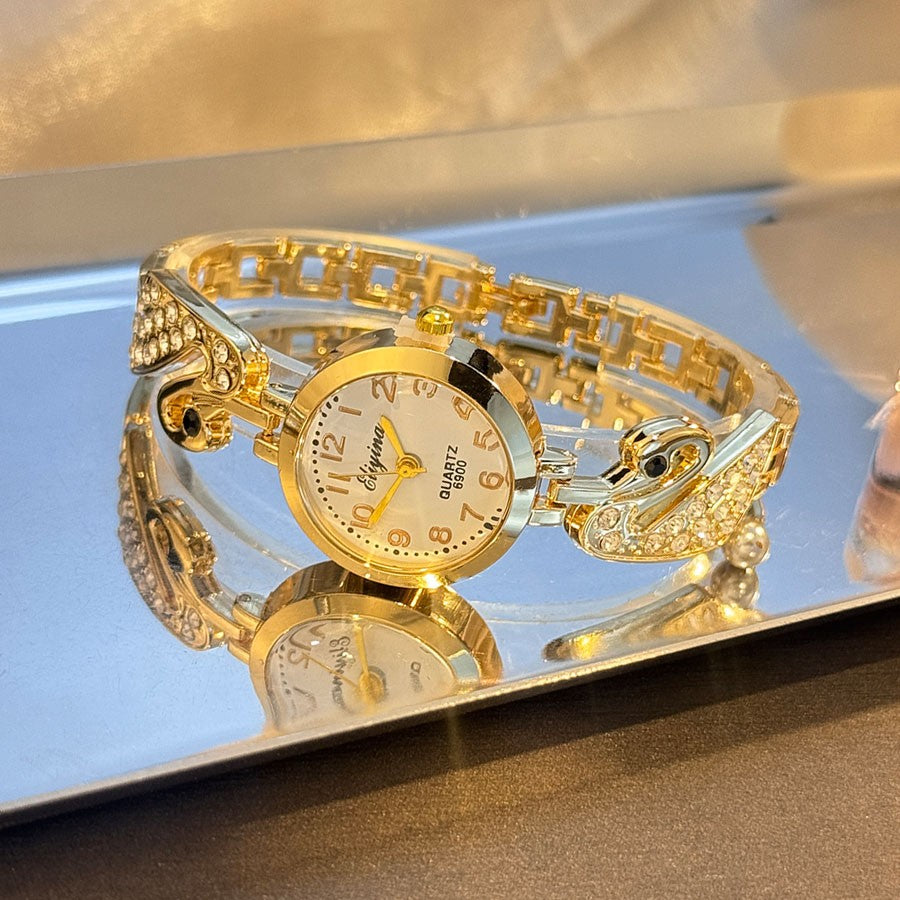 4-Piece Set Pearl Watch Chain Arabic Numeral Quartz Watch Large Pearl Necklace Diamond-Encrusted Ring And Earrings Jewelry Gift