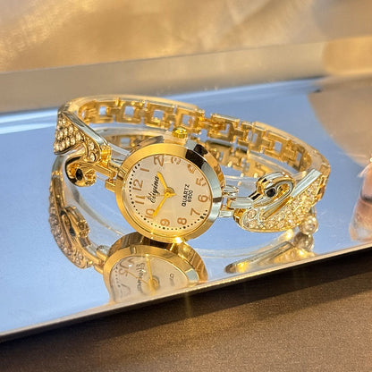 4-Piece Set Pearl Watch Chain Arabic Numeral Quartz Watch Large Pearl Necklace Diamond-Encrusted Ring And Earrings Jewelry Gift