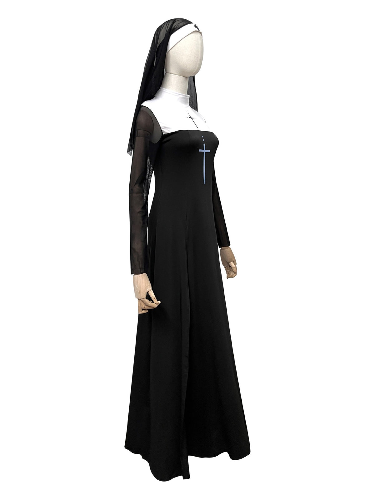 Sexy Nun Cosplay Costume Gothic Black Split Long Dress with Head Veil Halloween Carnival Party Fancy Dress for Women Nun