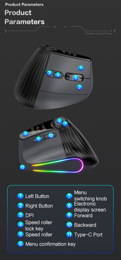 Mouse Vertical Sem Fio Jomaa RGB Retroiluminado Speed Roller com Botão de Ajuste de Função Bluetooth USB Ergonômico Click Silencioso