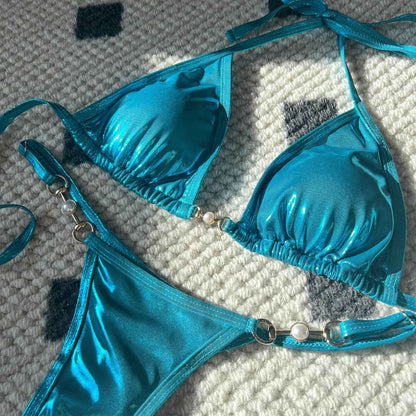 Shiny Pink Micro Bikini 2025 Mujer Women Sexy PU Pearls Push Up Thong Swimsuit Summer Bathing Suit Bandage Holiday Swimwear