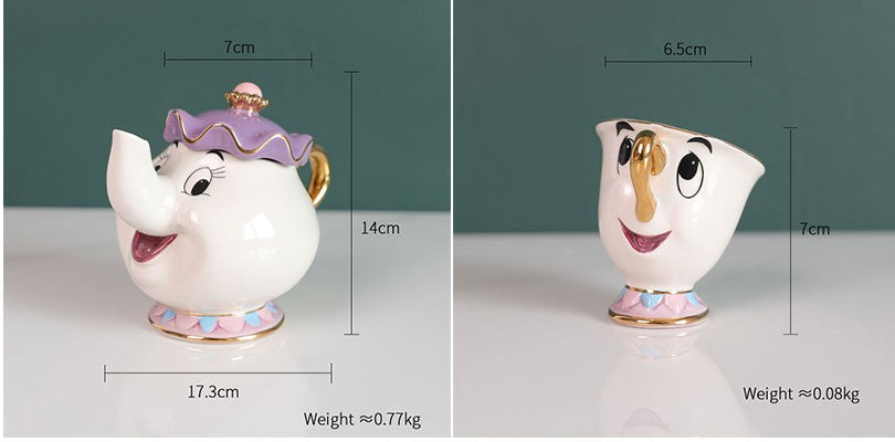 Bule de Chá Bela e a Fera Disney Fofo Desenho Animado Cafeteira Caneca Sra Potts Xícara Zip Bules de Chá Conjunto de Xícaras Decoração de Casa Enfeite Presente