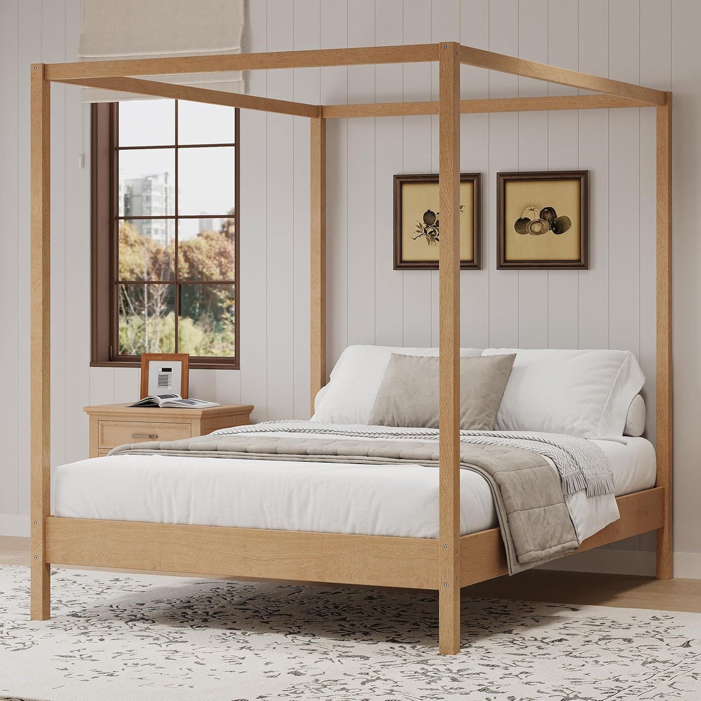 Estrutura de Cama Queen Size com Dossel, Cama Plataforma com Quatro Colunas e Suporte de Ripas, Madeira Maciça de Pinus e Engenheirada, Sem Necessidade de Box Spring N